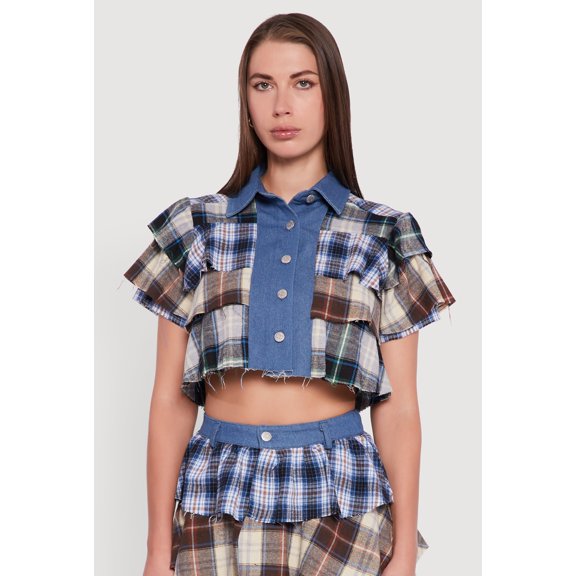 Women's Cropped Denim Detail Raw Hem Plaid Tiered Shirt