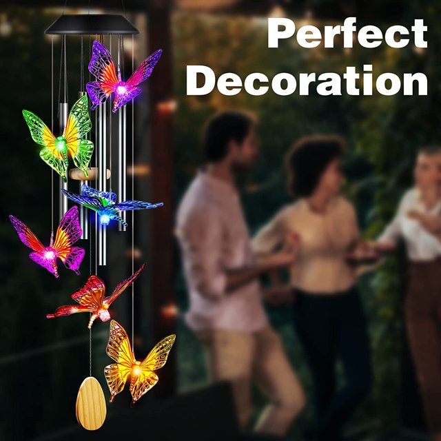 campanillas de viento solares de mariposa con tubos de aluminio/campanillas de viento para cambiar el color exterior (regalos para mamá/regalo para abuela/regalo para mujeres) 2 piezas