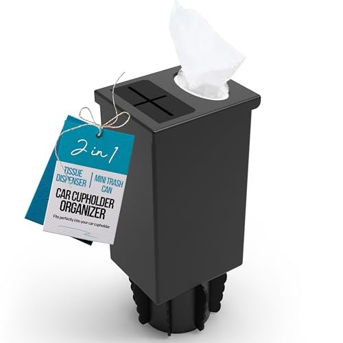 Superior Essentials Car Tissue Holder with Car Garbage Can - Elegant 2 in 1 Car Tissue Box Holder and Mini Trash Can for Car Cup Holder Black