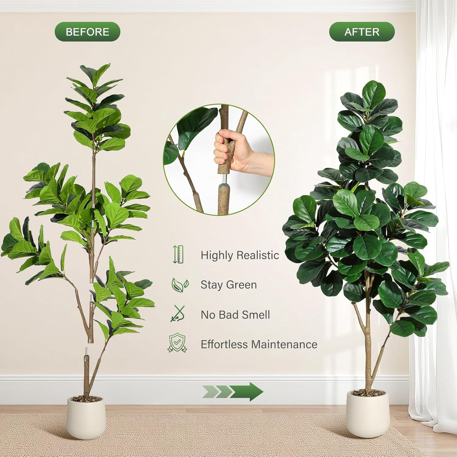 6 ft Fiddle Leaf Fig Tree Artificial with 108 Leaves - Realistic Faux Ficus Lyrata Trees in 9 in White Planter Pot, Indoor Fake Floor Plants for Home Office Living Room Decor, Housewarming Gift