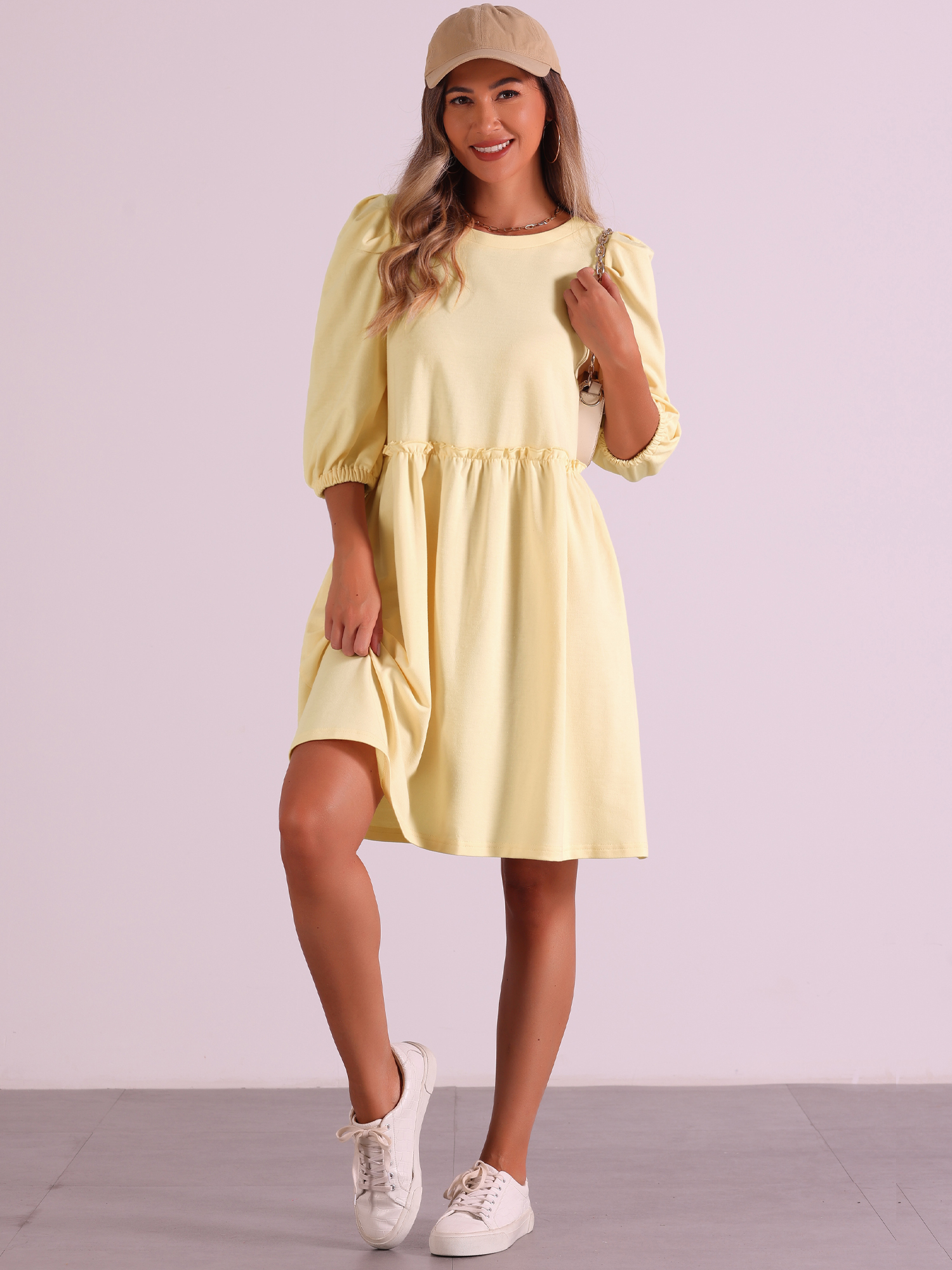 DARING DIVA Casual Scoop Neck Pocket Babydoll Dress L Pale Yellow