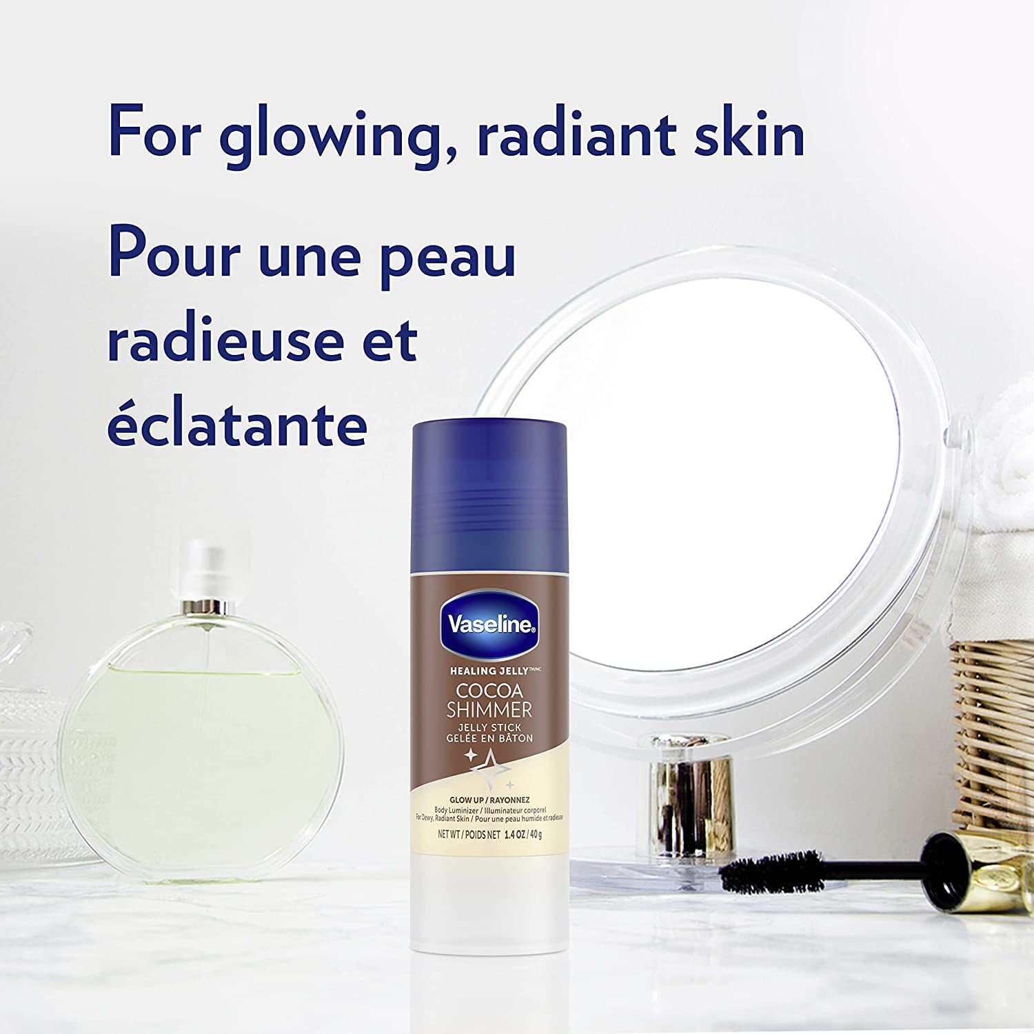 Vaseline Intensive Care Cocoa Radiant 3-Piece Bundle - Moisturizing Lotion (20.3 oz), Healing Jelly (7.5 oz), Shimmer Stick (1.4 oz) for Sensitive, Dry Skin