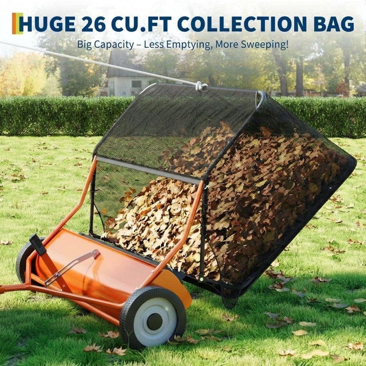 Ataucjin 52" Tow-Behind Lawn Sweeper，27 cu.ft. Large-Capacity Pull-Behind Grass & Leaf Collector, Heavy-Duty Adjustable Height, Dumping Rope Design for Easy Debris Disposal, Fits Tractors & ATVs