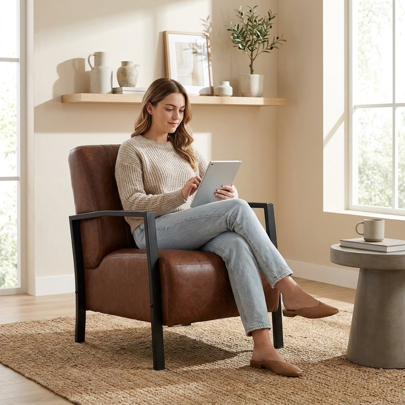 Furnibear PU Leather Upholstered Accent Armchair with Padded Seat and Back Ergonomic Lounge Reading Chair for Living Room Bedroom Office, Brown