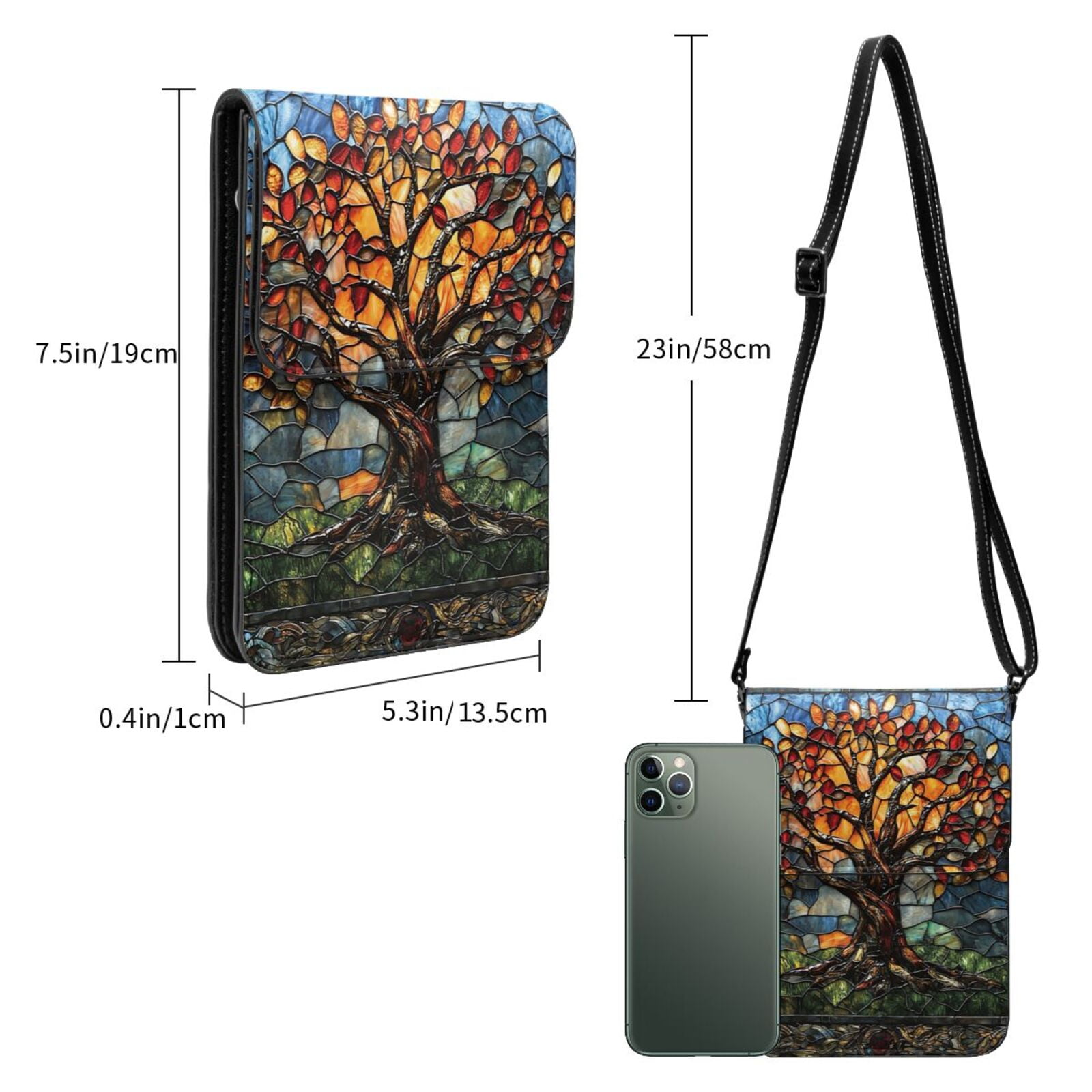 Trees Stained Glass Art Cell Phone Purse Small Crossbody Bag with Strap Credit Card Slots Leather Shoulder Wallet for Women