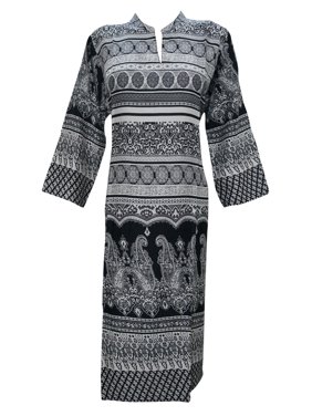 Mogul Women Long Tunic Printed Boho Style Long Sleeves Rayon Kurti Dress