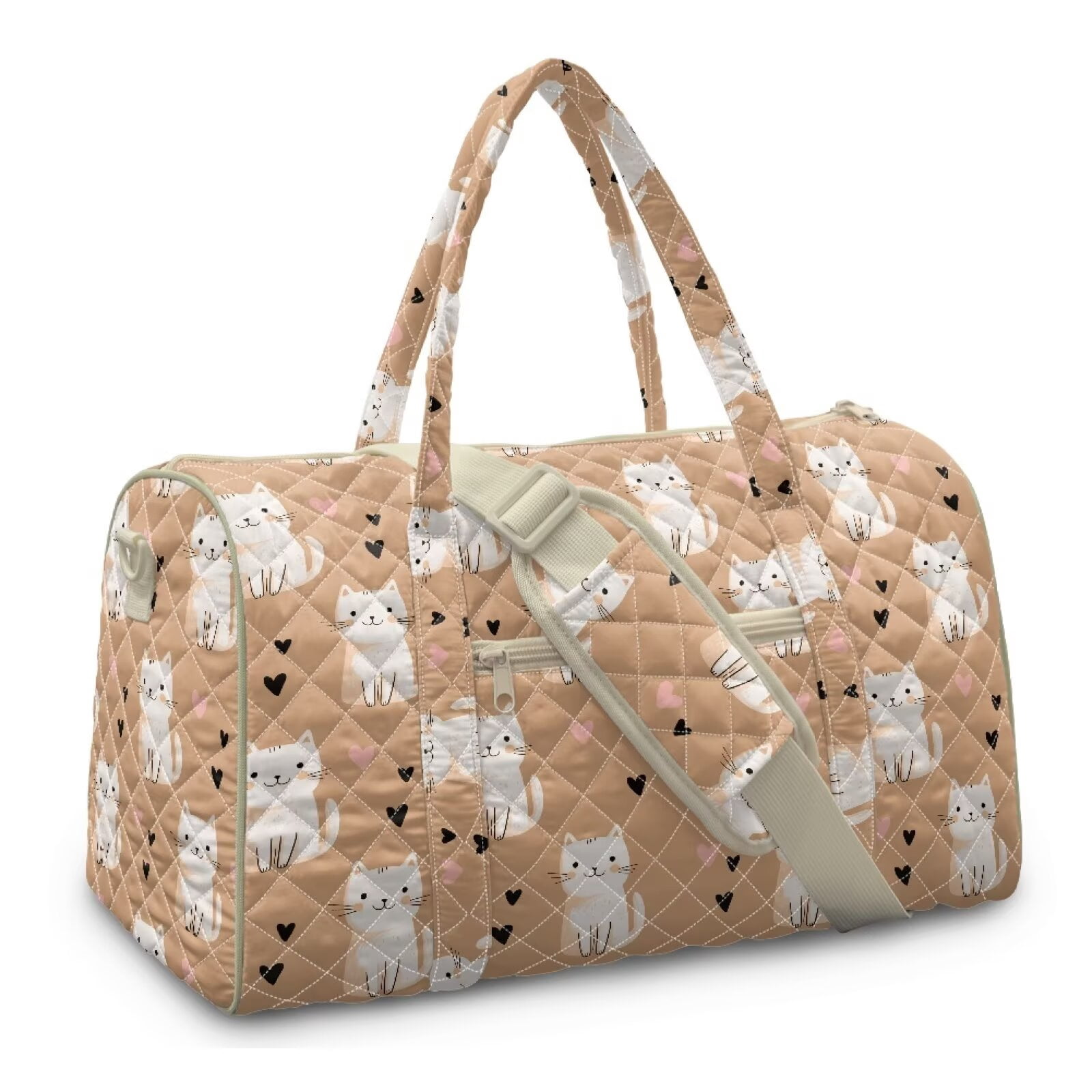 Garronmavis Cute Cat Print Large Quilted Duffle Bag for Women, Weekender Travel Overnight Gym Dance Carry On Tote Bag with Luggage Sleeve, Lightweight Puffer Shoulder Bag for Work Trips