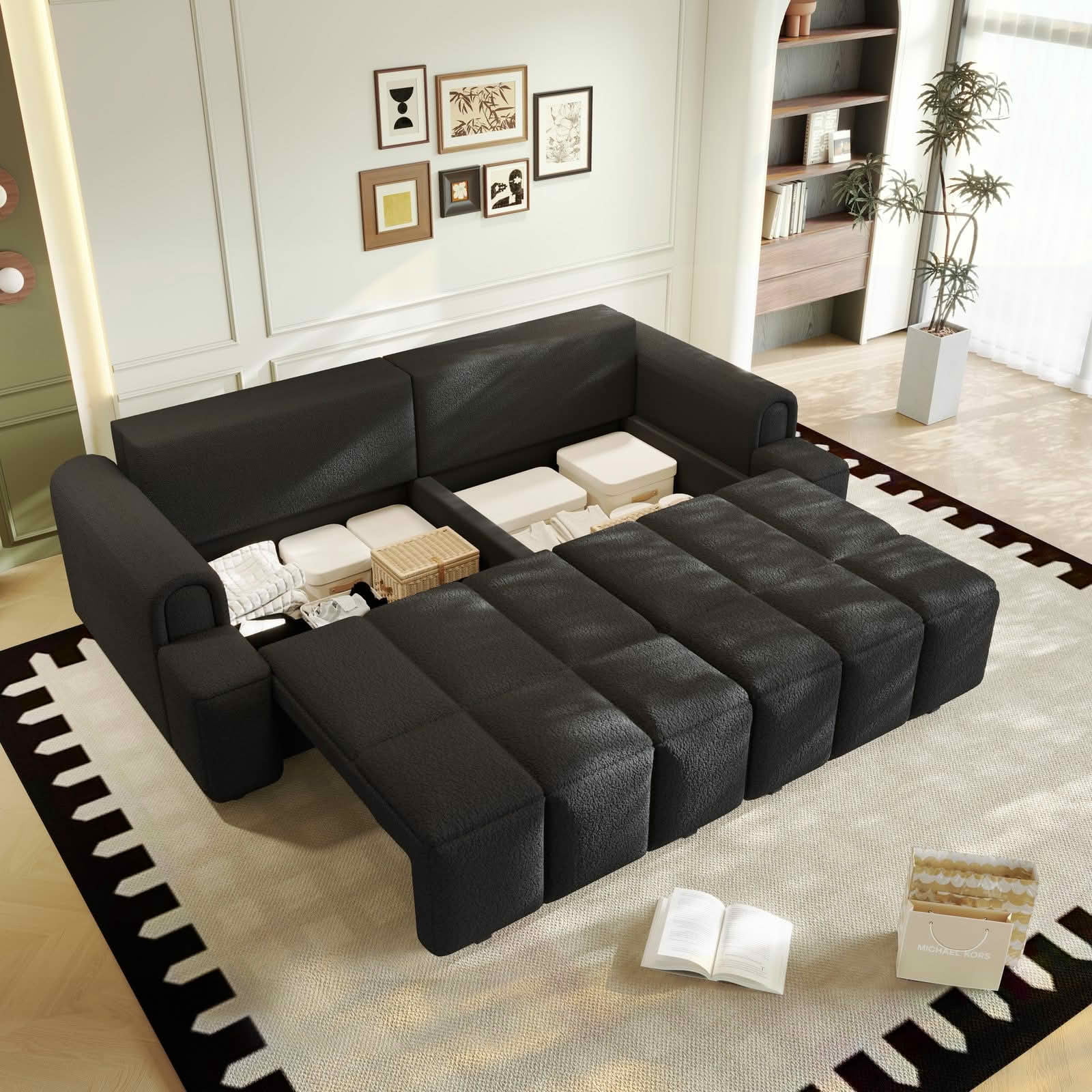 MAYEERTY Modern 90.2‑Inch 4‑Seater Sherpa Fleece Sofa, King‑Size 3‑in‑1 Convertible Sleeper Sofa Bed with Built‑in Seat Storage and 2 Decor Pillow