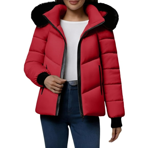 Hvobtty Women's Long Sleeve Casual Warm Jackets, Womens Winter Coats Waterproof Zip Up Short Warm Snow Coat Windproof Winter Coat Outerwear with Pockets