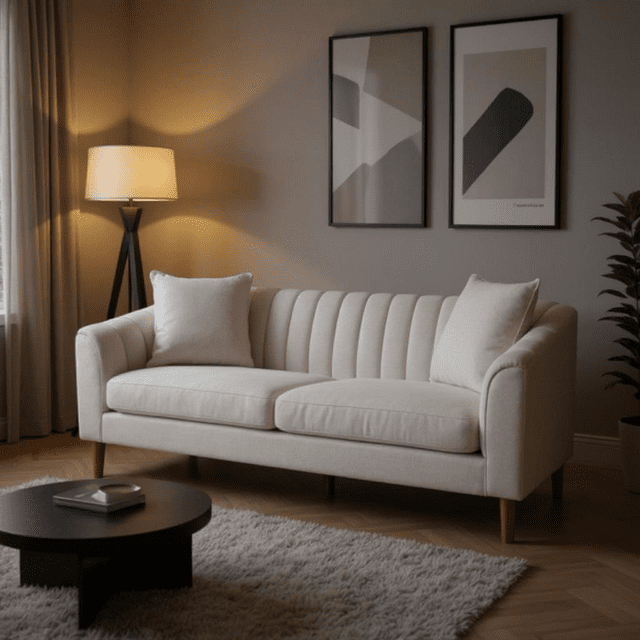 Beige Homy Casa modern 3-seater sofa with vertical channel tufting and two matching cushions in a cozy living room featuring floor lamp, abstract wall art, and round black coffee table on shaggy rug.