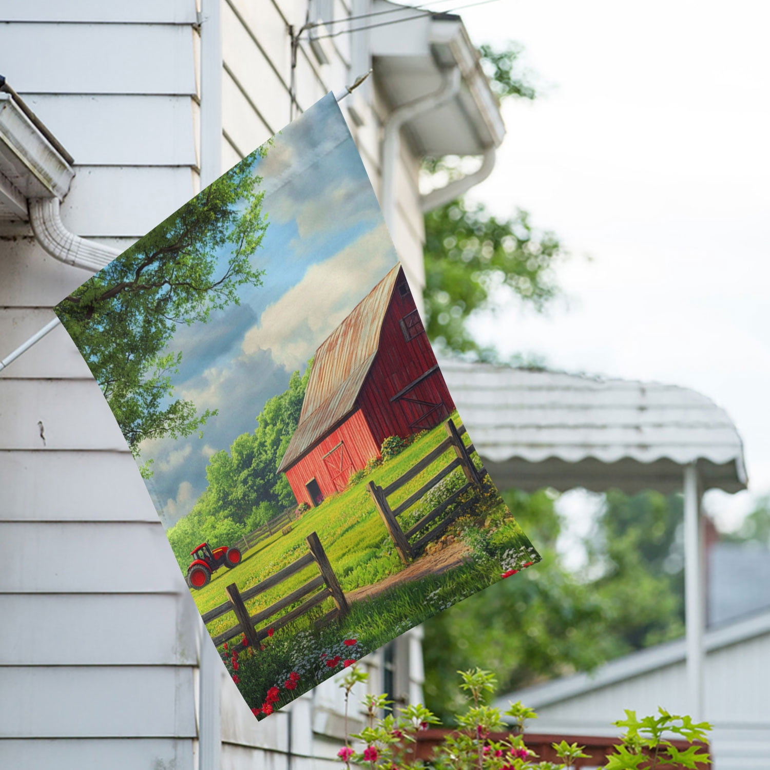 America Forever Farm Country Red Barn House Flag, 28 x 40 inch Double Sided, Rustic Tractor Countryside Scene, Spring Summer Seasonal Outdoor Decor, Country Living Yard Flag