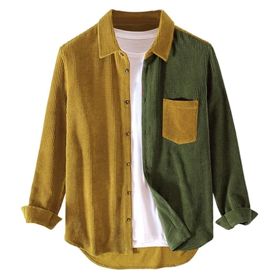 Xzbqbs Mens Corduroy Shirts Casual Button Down Long Sleeve Color Block Shirt Fashion Lightweigt Shacket Patchwork Shirts for Men