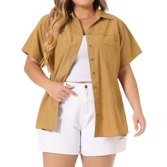 DARING DIVA Women's Plus Blouse Chest Pocket Button Down Demin Shirt 1X Light Brown