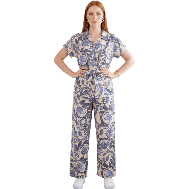 Conjunto 2 Piezas Estampado Floral, Camisa con Cinturón y Pantalón Amplio, Look Fresco y Elegante para Mujer