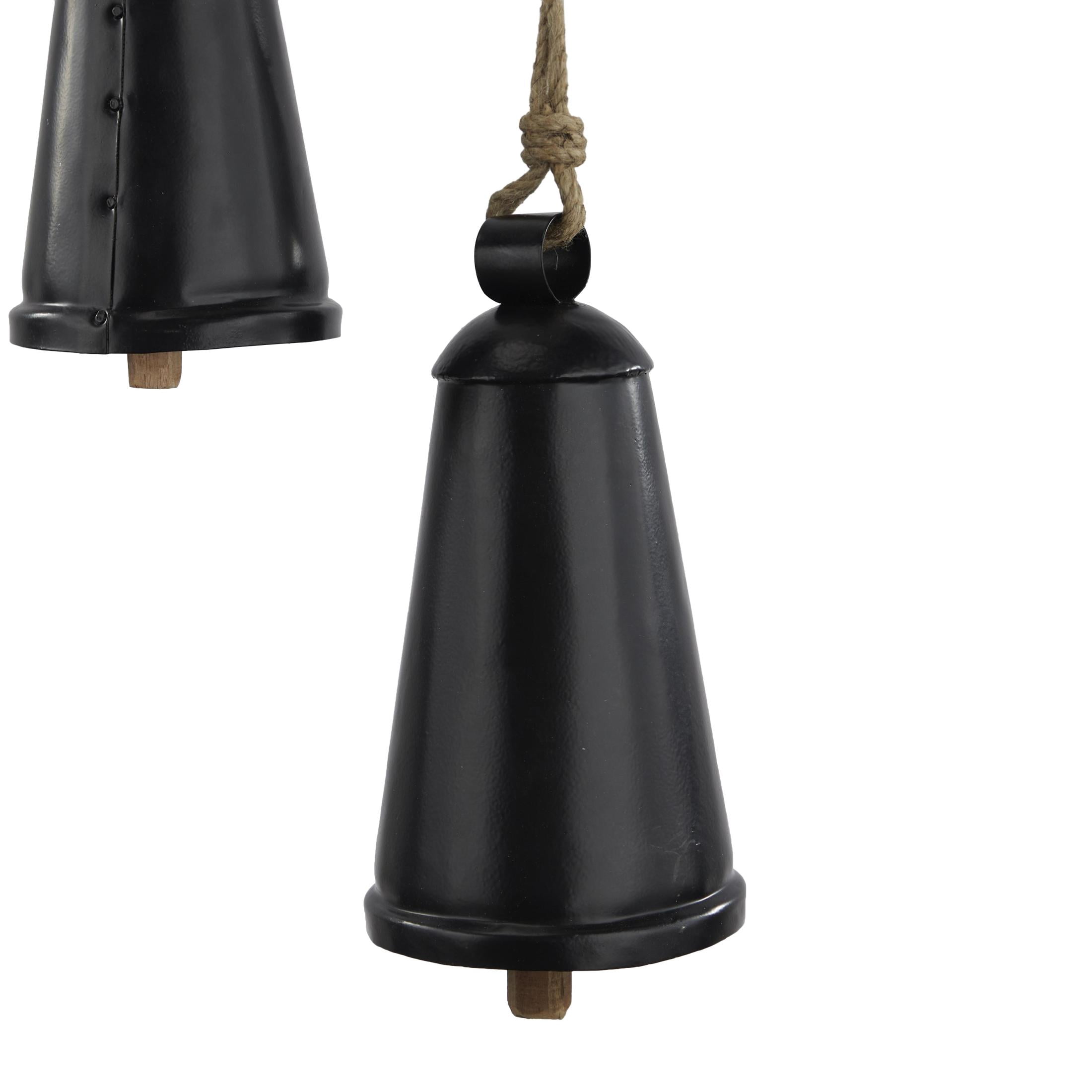 DecMode Tibetan Inspired Black Metal Conical Decorative Cow Bells with Jute Hanging Rope, 3 Count