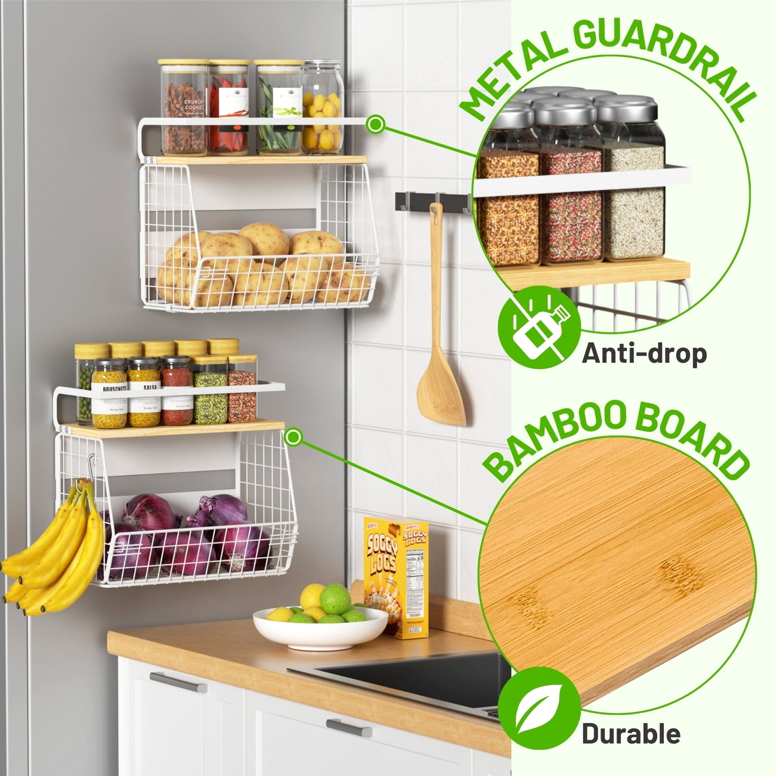 Ofiray-home Magnetic Fridge Shelf with Wood Lid, Fruit Potato Onion Storage Bins, Pantry Organizers, Large Container Spice Rack for Refrigerator, Kitchen Counter, Cabinet (2, White)