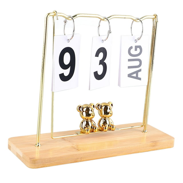 Calendrier à Rabat, Support en Métal Robuste à Quatre Pieds Calendrier Perpétuel en Bois Réutilisable Forme d'Ours Mignon Facile à Assembler Calendrier de Bureau pour Bureau, Maison, Salle de Classe