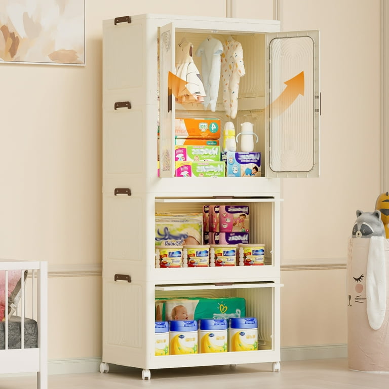 Baby Wardrobe Closet Portable Storage Organizer for Clothes Wardrobe Storage Cabinet with Magnetic Doors 4 Cubes Hanging Rod and 10 pcs Hangers White Walmart