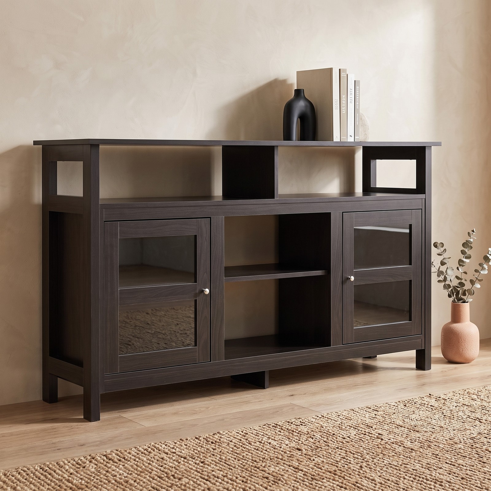 Furnibear 58 Inch TV Stand Entertainment Center Media Console with 2 Acrylic Door Cabinets, Fireplace Ready Open Shelves and Cable Management for TVs up to 65, Black