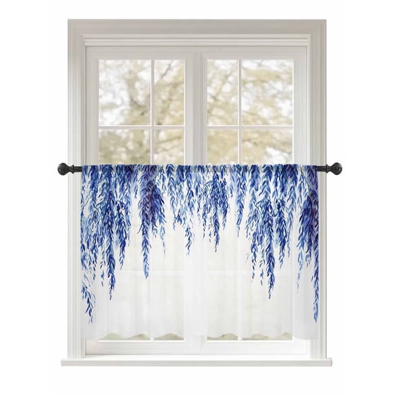 Sheer Curtains 45 Inch Length, Navy Blue Semi Sheer Curtains Light Filtering Window Treatment, Summer Botanical Leaves Watercolor Privacy Voile Drapes for Living Room Bedroom 52x45 Inch