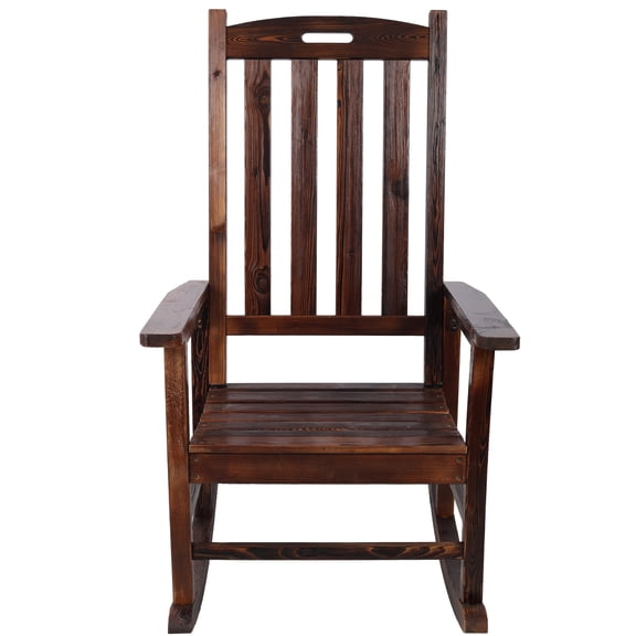 oversized porch rocking chair with wide seat, Wooden High Back Rocker for Outdoor & Indoor Living Room, Brown Fir Wood Patio Seating