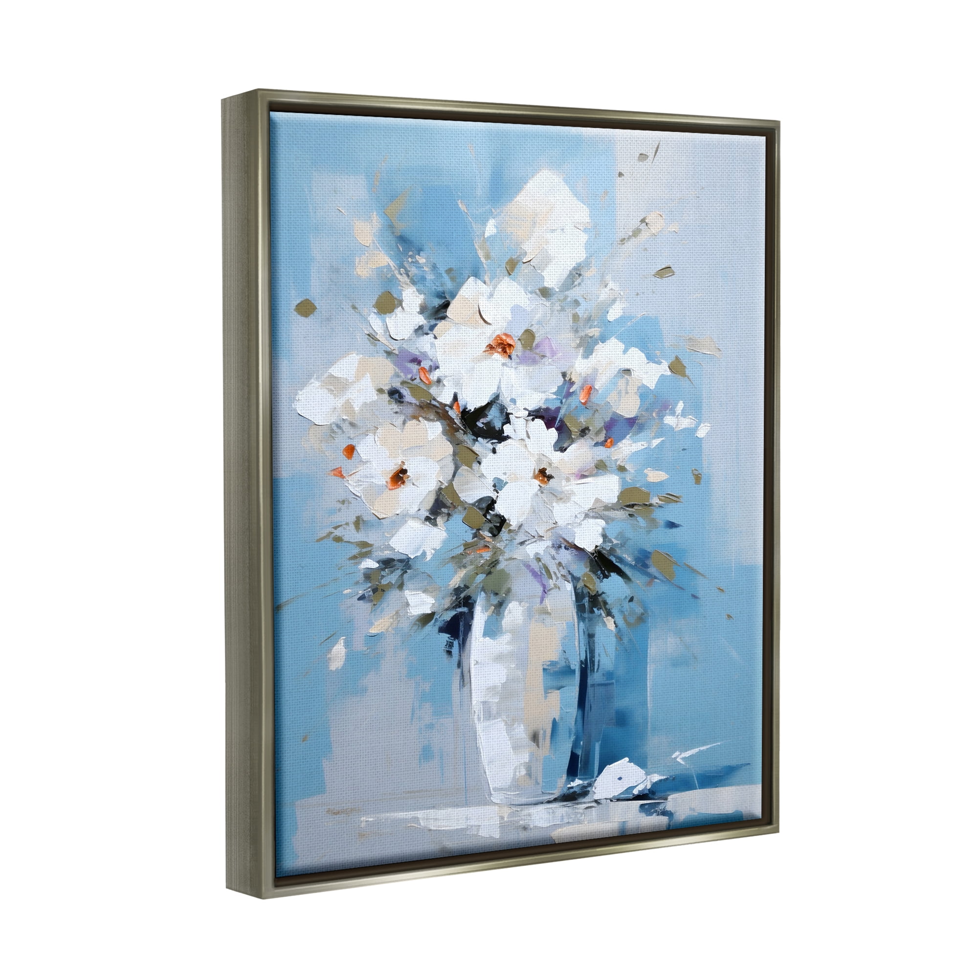 Stupell Industries White & Blue Bouquet Botanical & Floral Painting Gray Floater Framed Canvas Art Print Wall Art, 17 x 21