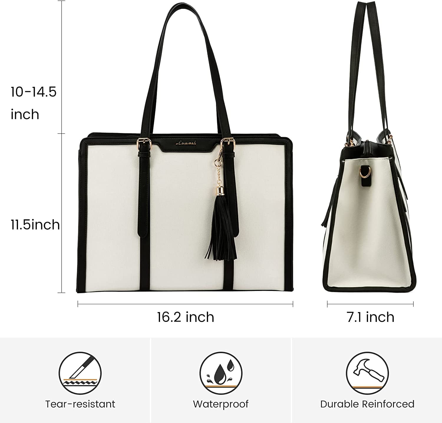 Lovevook Women's Lightweight Canvas 15.6" Laptop Tote with Clutch Purse, Black and Beige