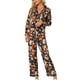 thumbnail image 2 of Pijamas de satén para mujer INSPIRE CHIC, ropa de dormir de manga larga con pantalones, conjuntos de lounge con botones y estampado floral, talla XS, negro, 2 of 5