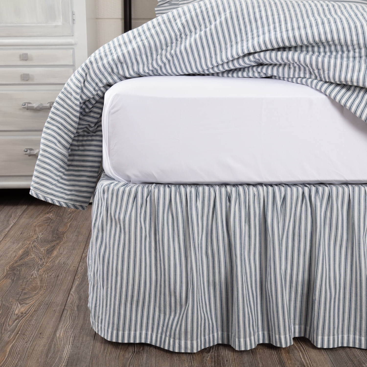 Denim Blue Farmhouse Bedding Miller Farm Ticking Stripe Cotton Split Corners Gathered Striped