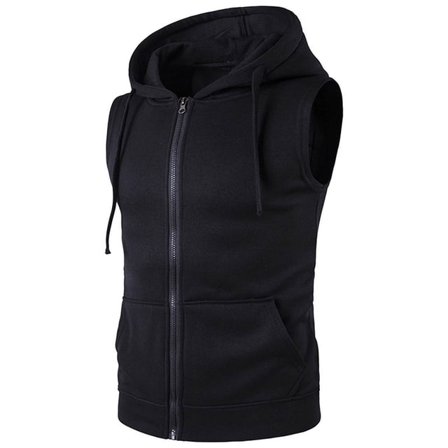 Fashion Men Sleeveless Solid Color Drawstring Casual Tank Hort Sleeve Hooded Blouse