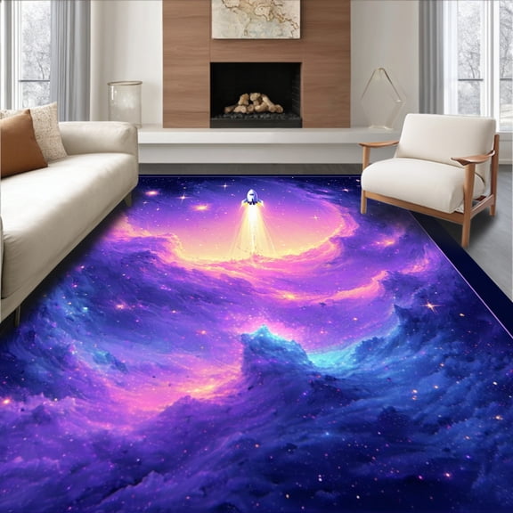 ODIKA 4'x6' Machine Washable Non-Slip Area Rug, Whimsical Galaxy Cosmic Adventure Playmat High Traffic Rug, Purple, 86486