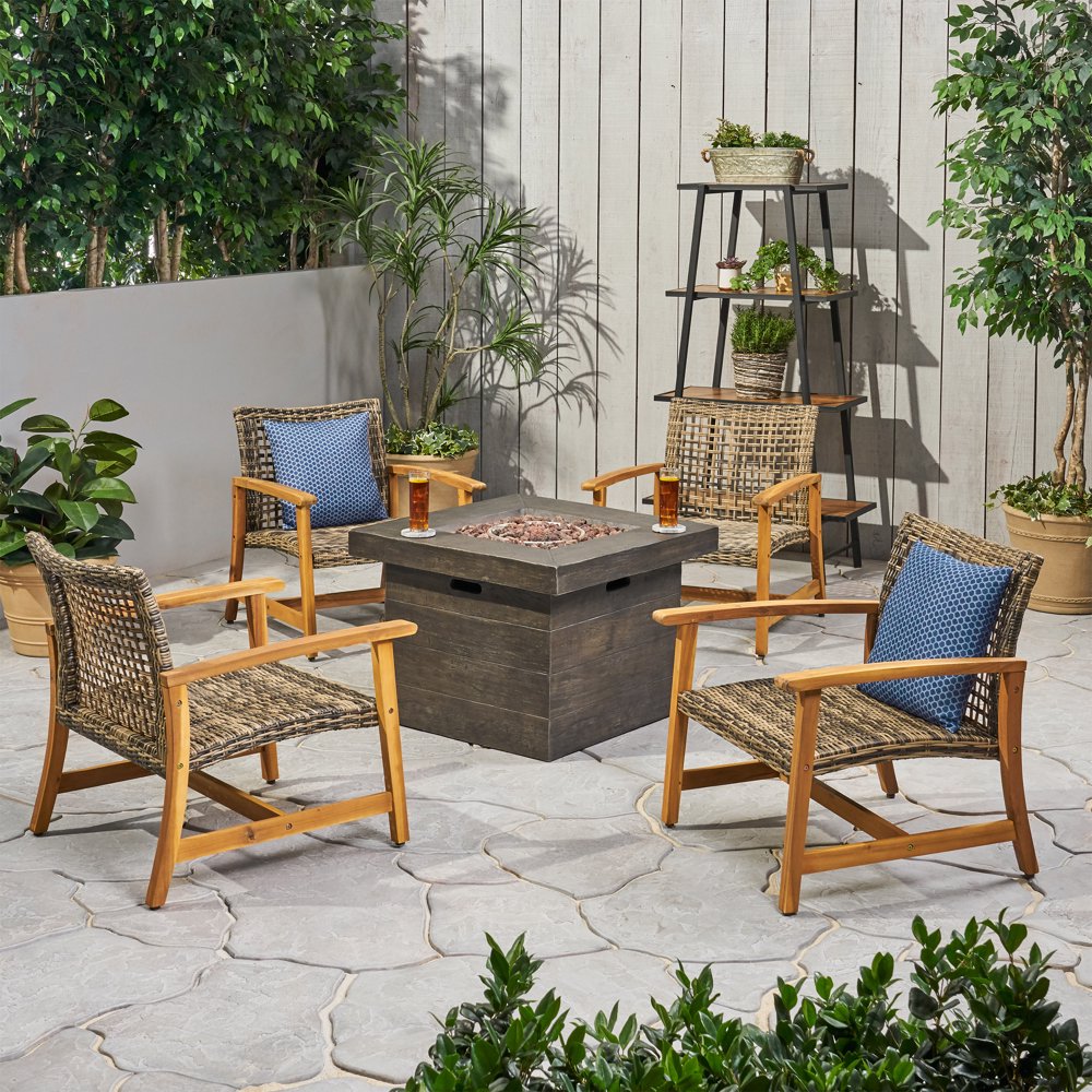 Rachel Outdoor 5 Piece Wood and Wicker Club Chairs and Fire Pit Set