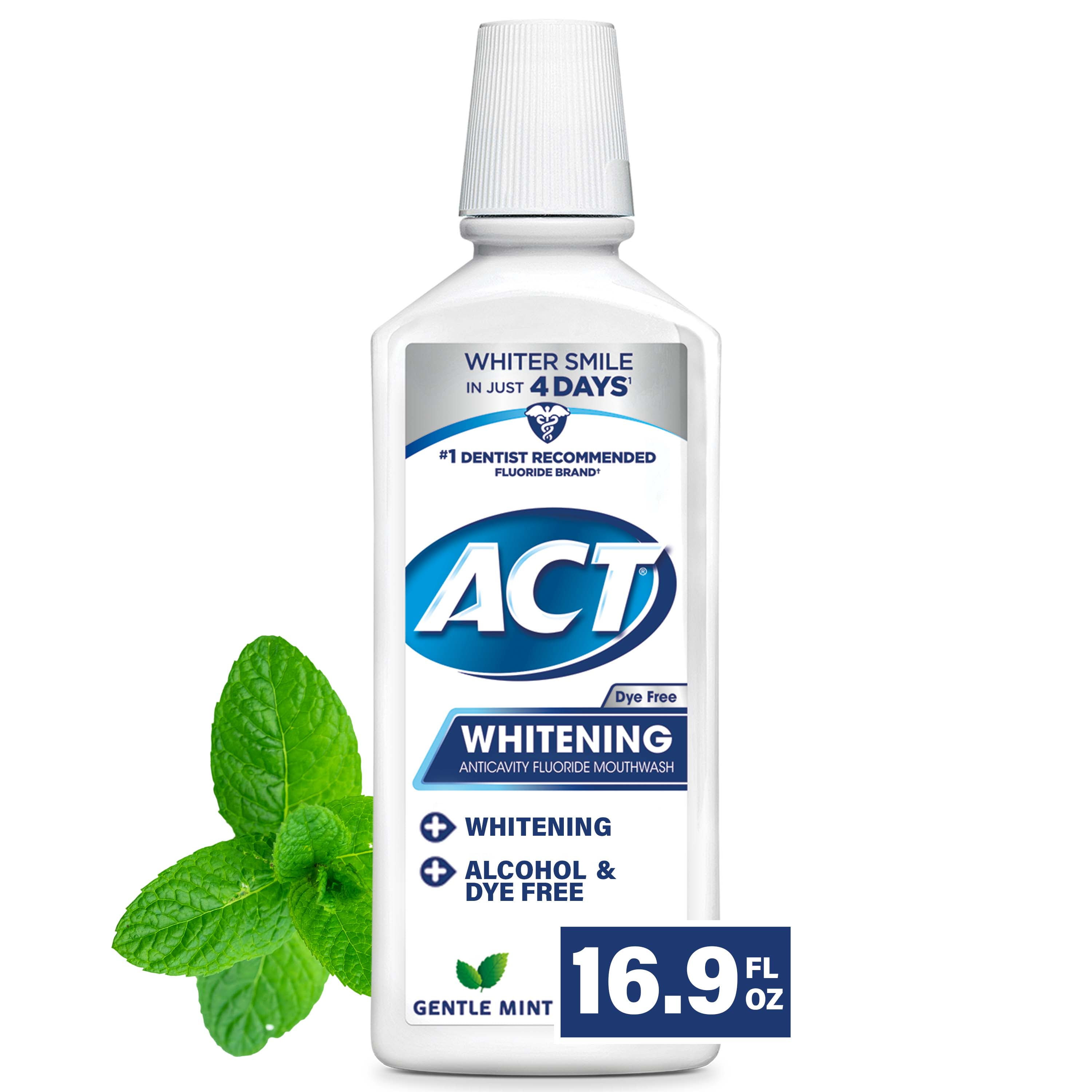 ACT Whitening + Anticavity Fluoride Mouthwash, Gentle Mint, Alcohol Free and Dye Free, 16.9 fl. oz