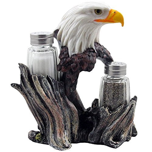 Bald Eagle Glass Salt & Pepper Shakers with Decorative Figurine Display Stand Set for American Patriotic Bar and Kitchen Decor Sculptures or Rustic Lodge Restaurant Tabletop Decora