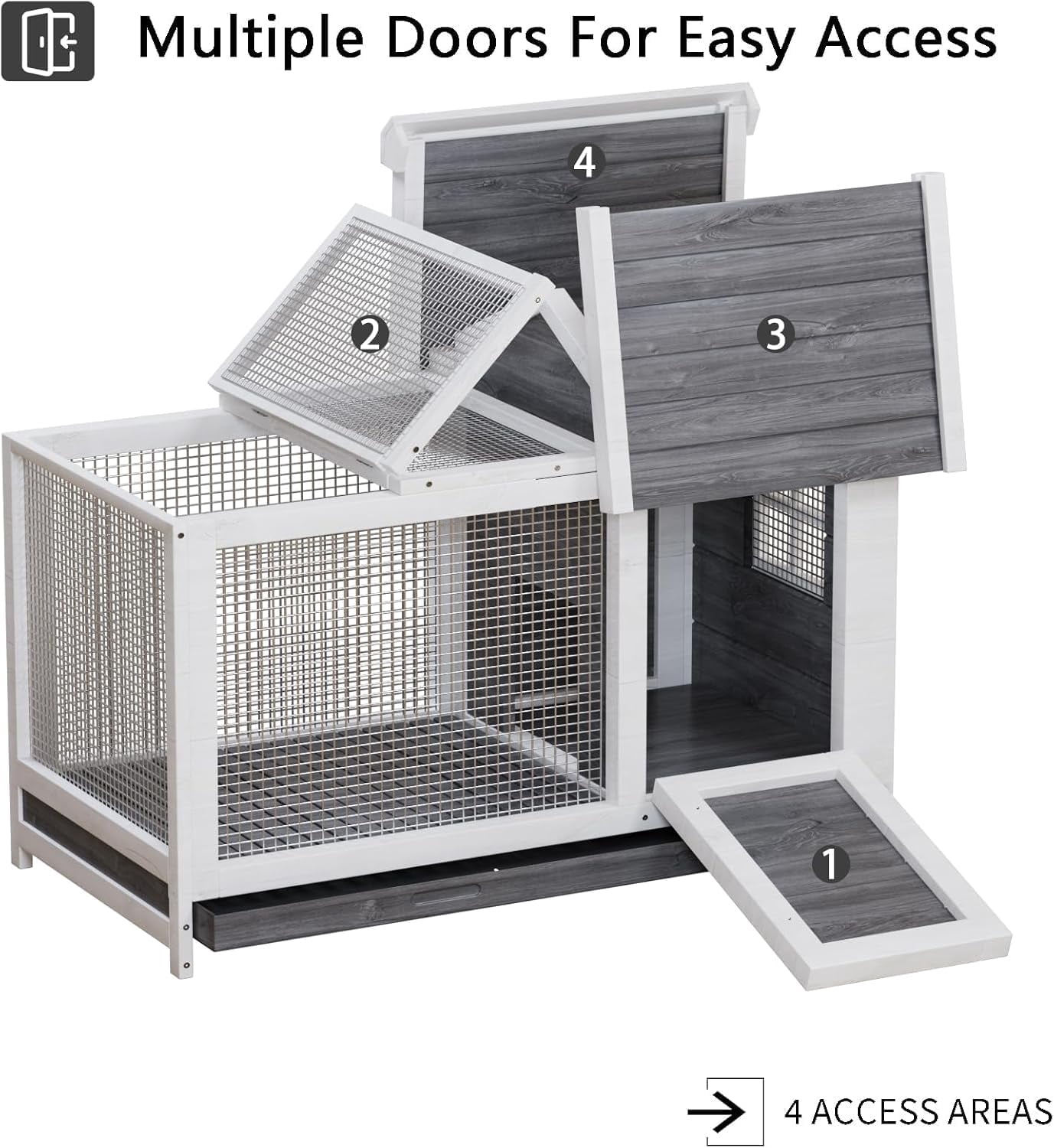 2-Story Wooden Rabbit Hutch, Weatherproof Small Animal Cage with 4 Doors, Pull-Out Tray & Ramp for Indoor/Outdoor Use
