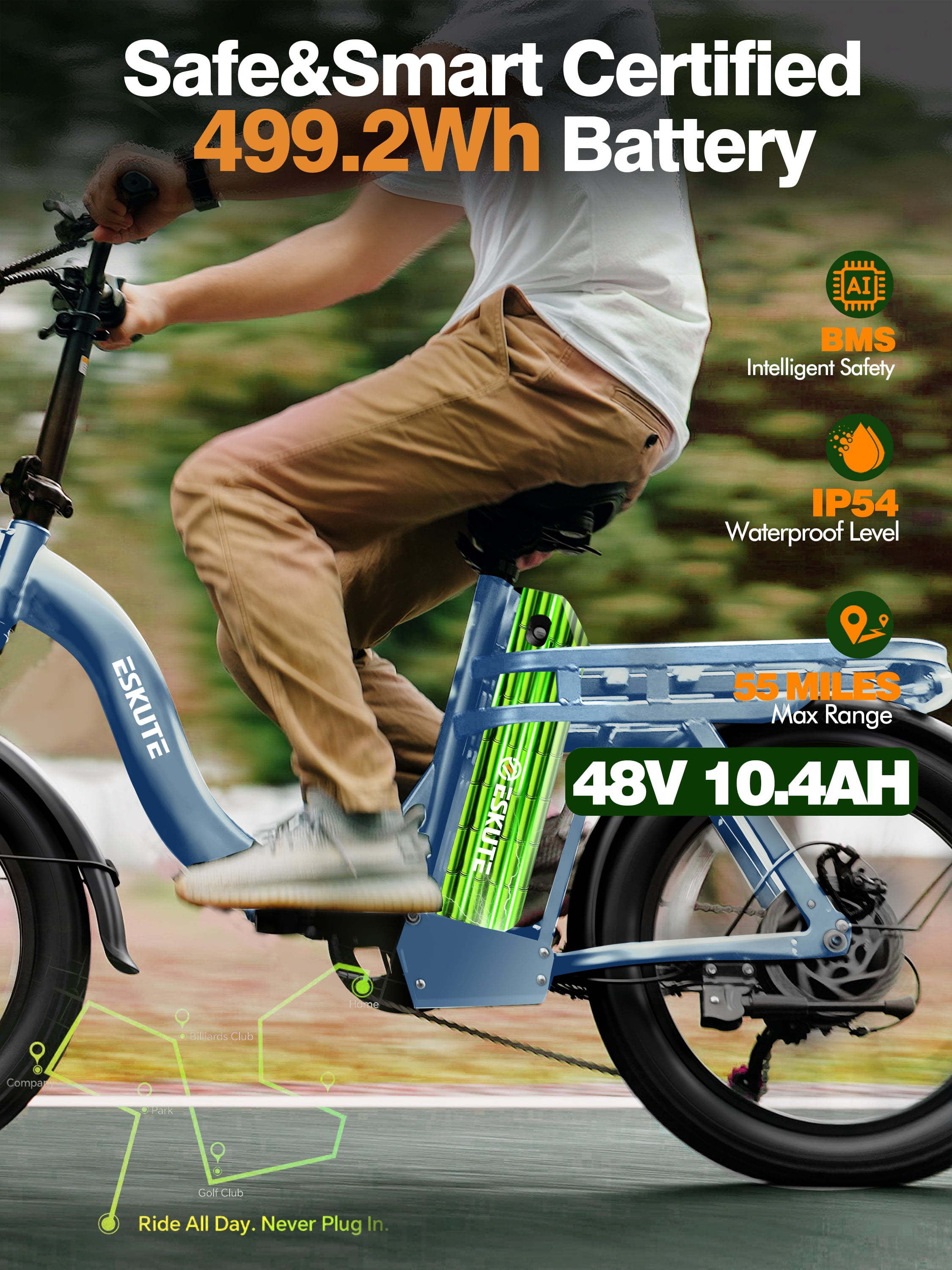 Adult Electric Bike – 1200W Peak Motor, 28 MPH, Foldable 20×3" Fat Tire, 48V 10.4Ah Battery Up to 55 Miles, 7-Speed Step-Through Cargo E-Bike with NFC Unlock, Blue with Front Basket
