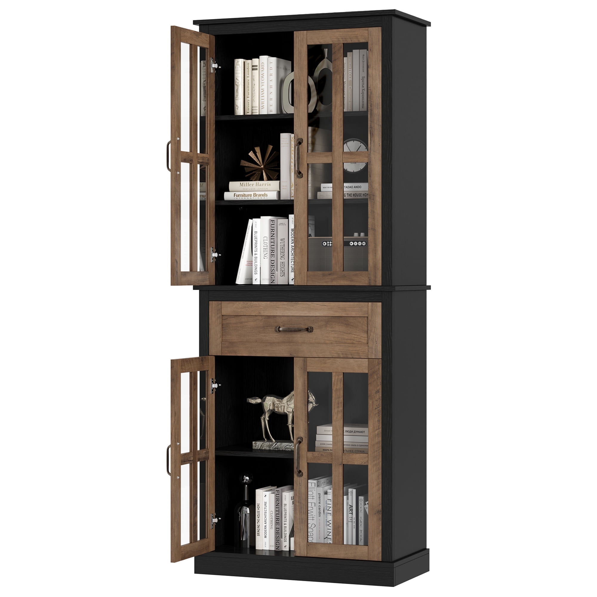 Homfa Modern Storage Cabinet with Glass Doors, 71'' Kitchen Pantry with Adjustable Shelves, Wood Bookcase, Black & Oak