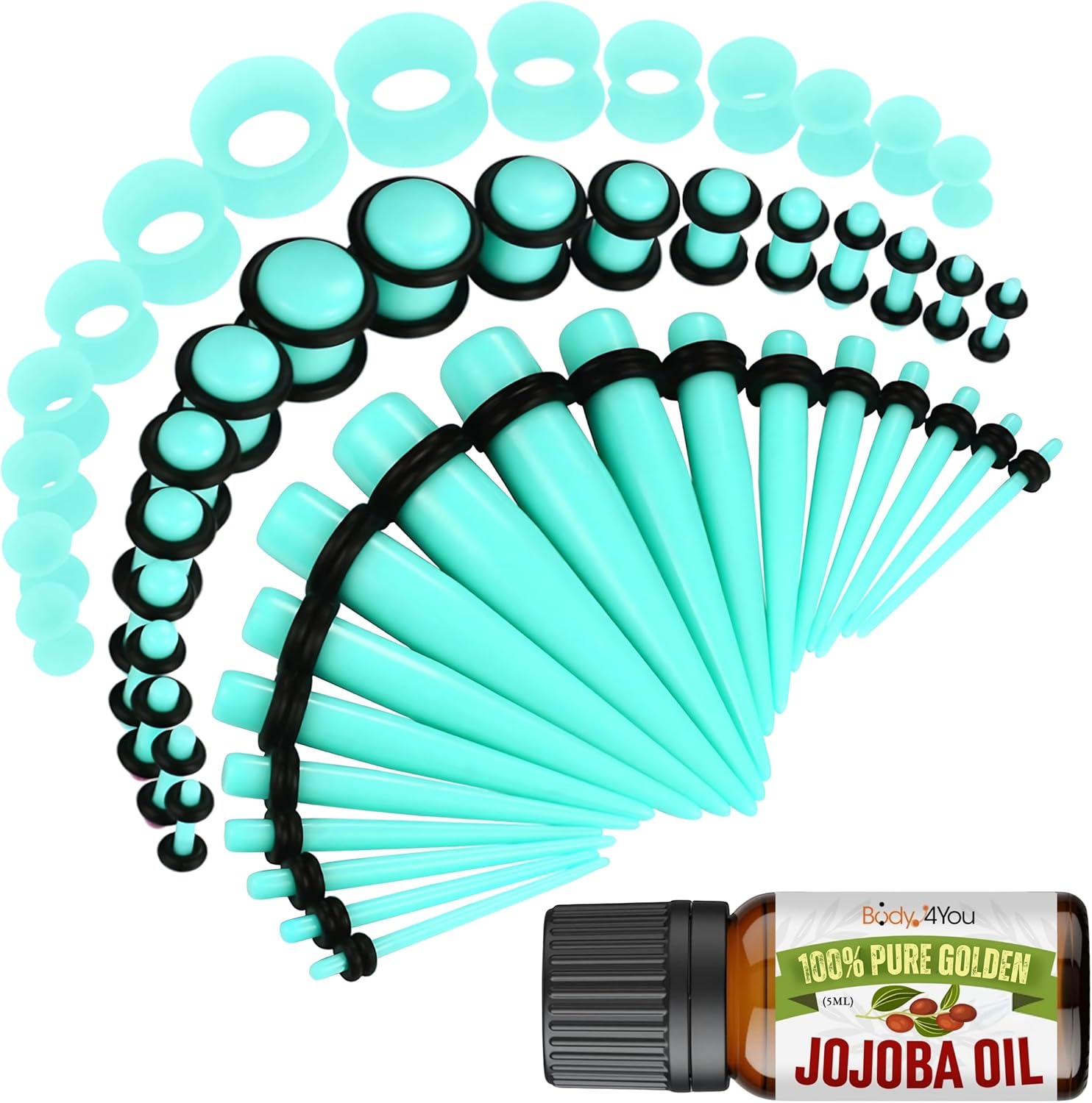 BodyJ4You 54PC Ear Gauge Stretching Kit - Gauges Ears 14G-12mm Starter Set - Jojoba Oil - Turquoise Acrylic Tapers Plugs Silicone Tunnels - Dead Stretching Lobe Beginner Men Women Expander Piercing