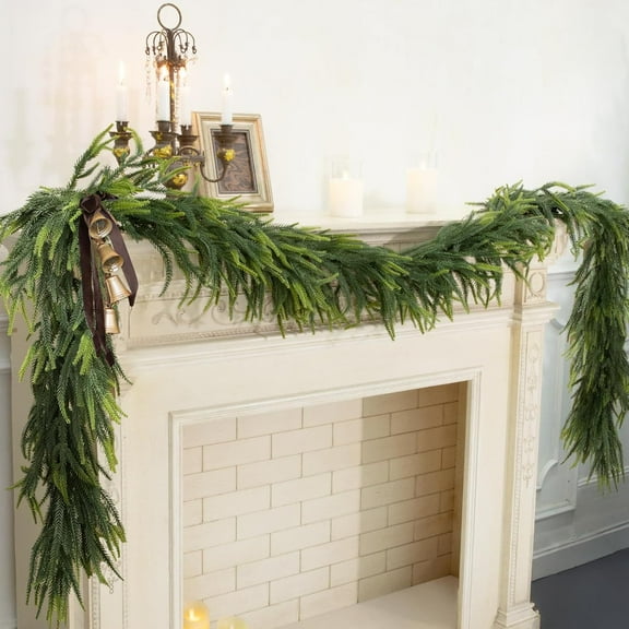 Guvpev 2Pcs Artificial Norfolk Pine Garlands for Christmas Decorations, 9FT Realistic Pine Garland, Green Artificial Greenery Garland for Table, Mantel, Wall, Indoor, Outdoor Holiday Decorations