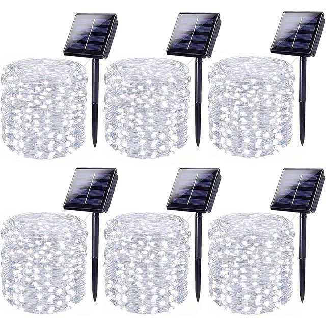 White 6-Pack 600 LED Solar String Lights Outdoor, Solar Powered Waterproof Solar Fairy Lights with 8 Modes, Copper Wire Solar Twinkle Lights for Tree Wedding Party Garden Patio Decorations(Cool White)
