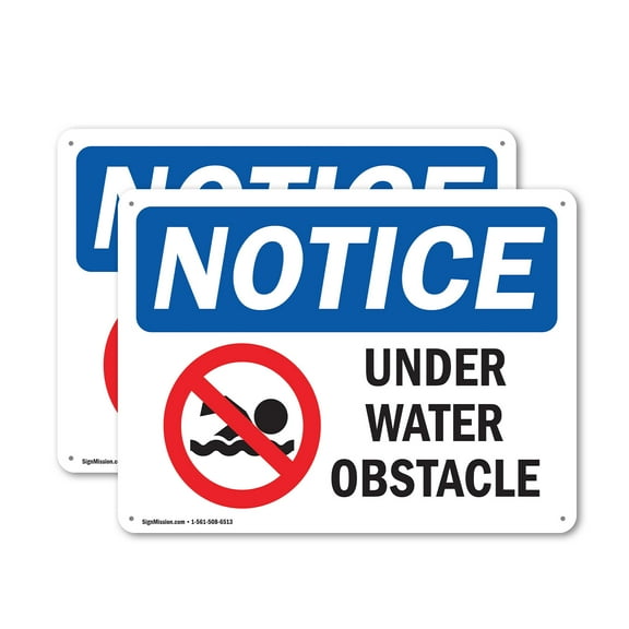 (2 Pack) Under Water Obstacle OSHA Notice Sign 14 Inch X 10 Inch Indoor / Outdoor Rust-Free Aluminum Metal Signs for Workplace, Workshop, and Construction Site, Made in the USA