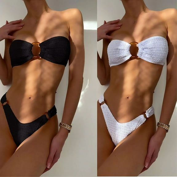 VBTAPA Women's Strapless Bandeau Bikini Set 2 Piece Swimsuits Thong Bottom Bathing Suit Hawaiian Vacation Beach Swimwear Sales of Today White L