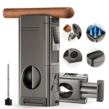 Torch Cigar Lighter, 4 Jet Flame Refillable Butane Lighter with V Cut Cigar Cutter,Cigar Punch,Cigar Holder and Cigar Draw Enhancer,5 in 1 Multifunctional Windproof Lighter(Butane Not Included)
