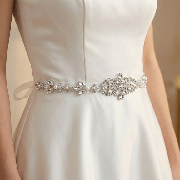 Miallo Slim Crystal Bridal Belt with Sheer Organza Ribbon, Minimalist Rhinestone Wedding Sash for Gowns, Thin Sparkling Waistband with Pearl Accents
