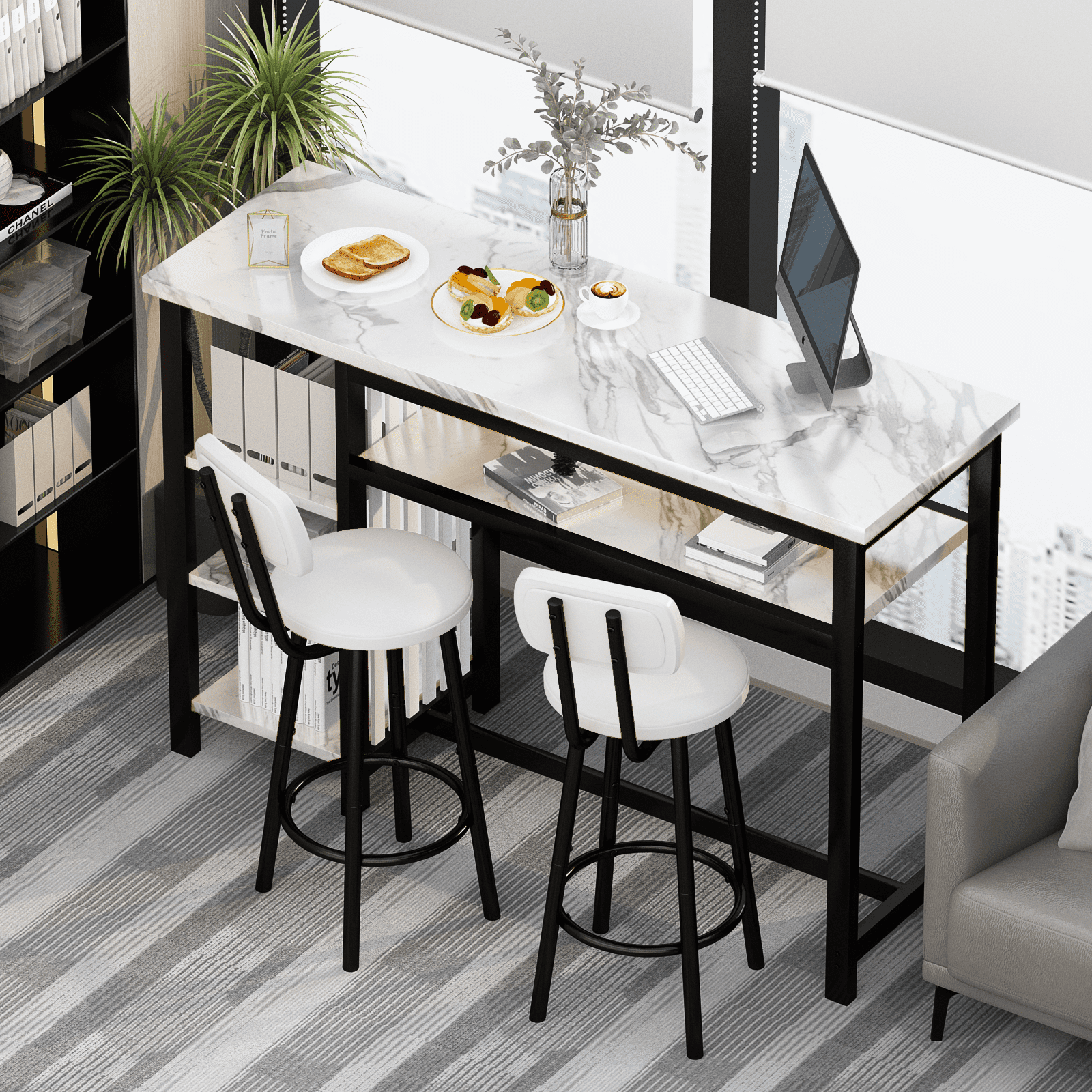 BAXLUXE Bar Table and Chairs Set for 2,Small Dining Table with Storage,Faux Marble High Kitchen Bar Table Breakfast Nook Set Eating Table, White