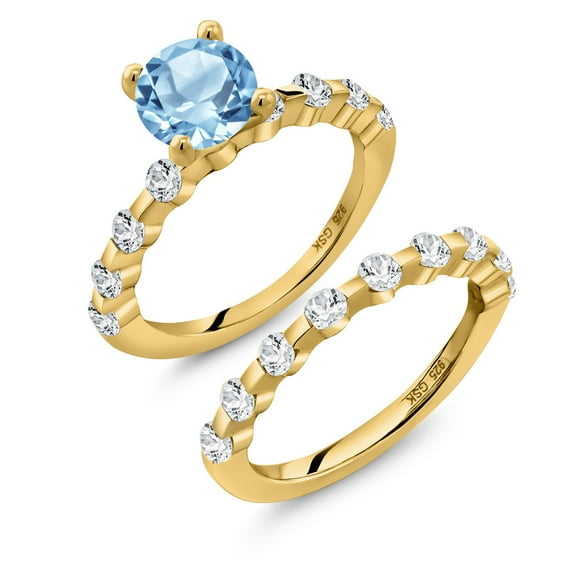 Gem Stone King 18K Yellow Gold Plated Silver Swiss Blue Topaz and White Topaz Wedding Engagement Ring Band Bridal Set for Women (3.01 Cttw, Gemstone November Birthstone, Round 7MM, Size 7)