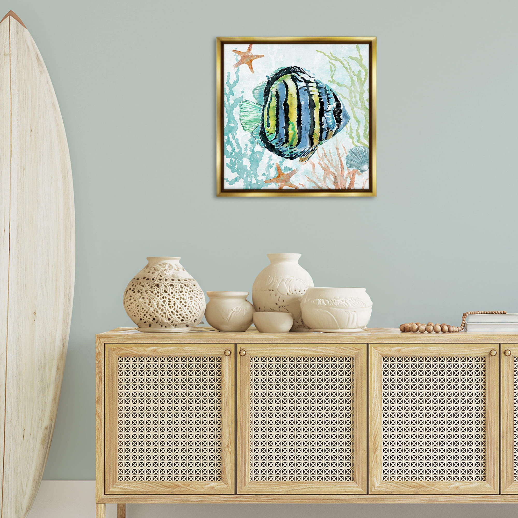 Stupell Industries Striped Angel Fish Animals Painting Gold Floater Framed Canvas Art Print Wall Art, 25 x 25