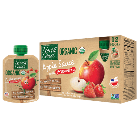 (12 Pouches) North Coast Organic Apple Sauce with Strawberry, 3.2oz