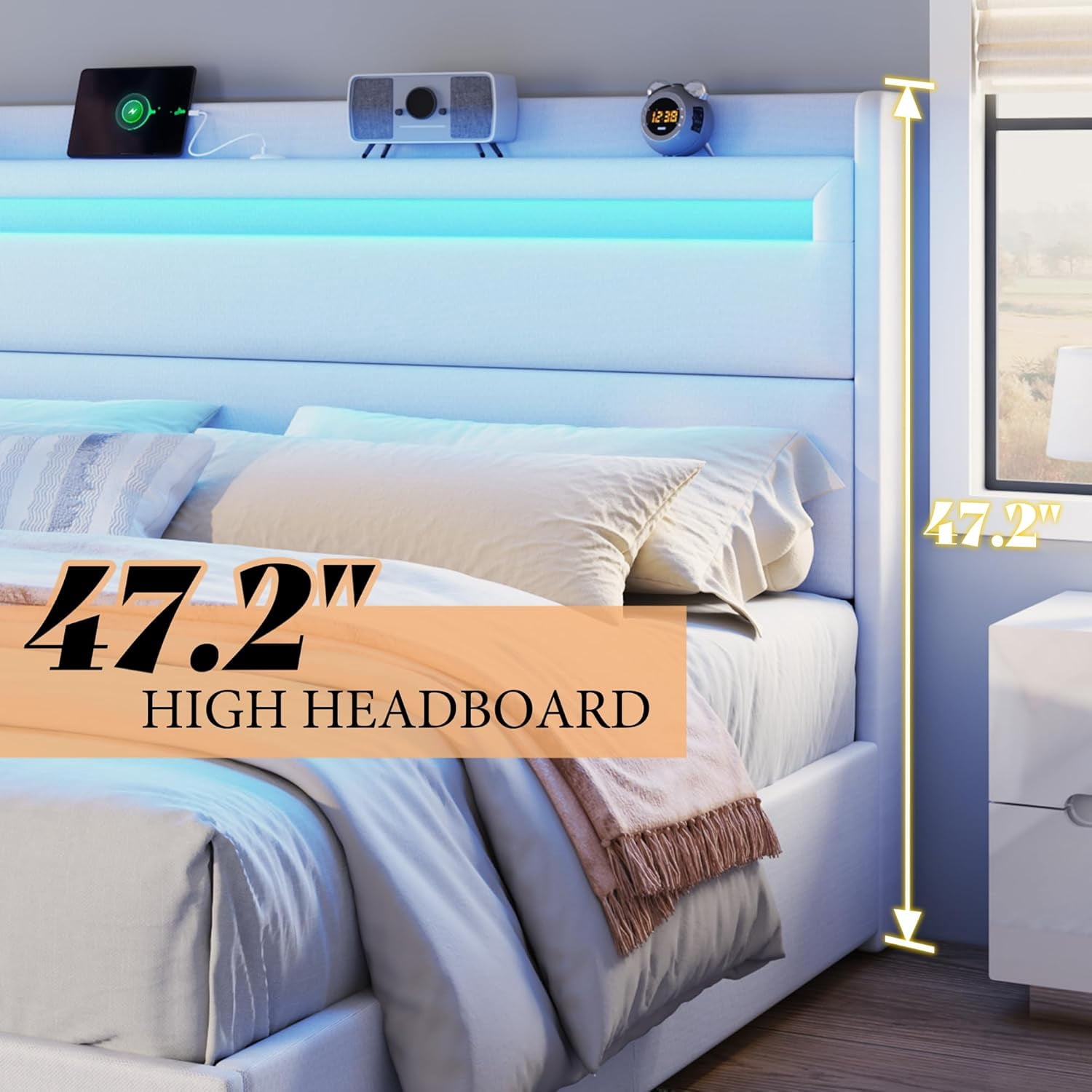 VanAcc Queen Size Upholstered Bed Frame with LED Storage Headboard, 4 Foldable Storage Drawers & Charging Station, White