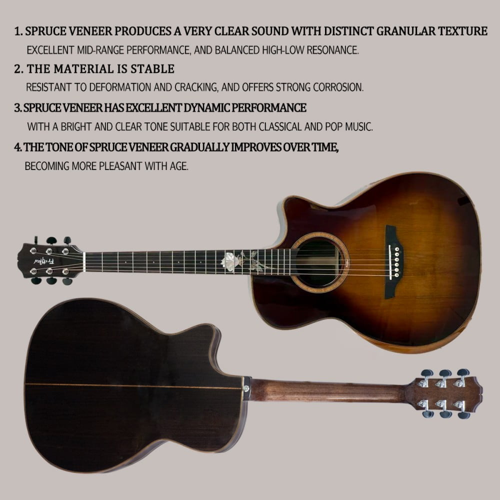 6-string Beginner Solid Spruce classic acoustic guitar, Rosewood fretboard (real shell carved rose), colored finish, right